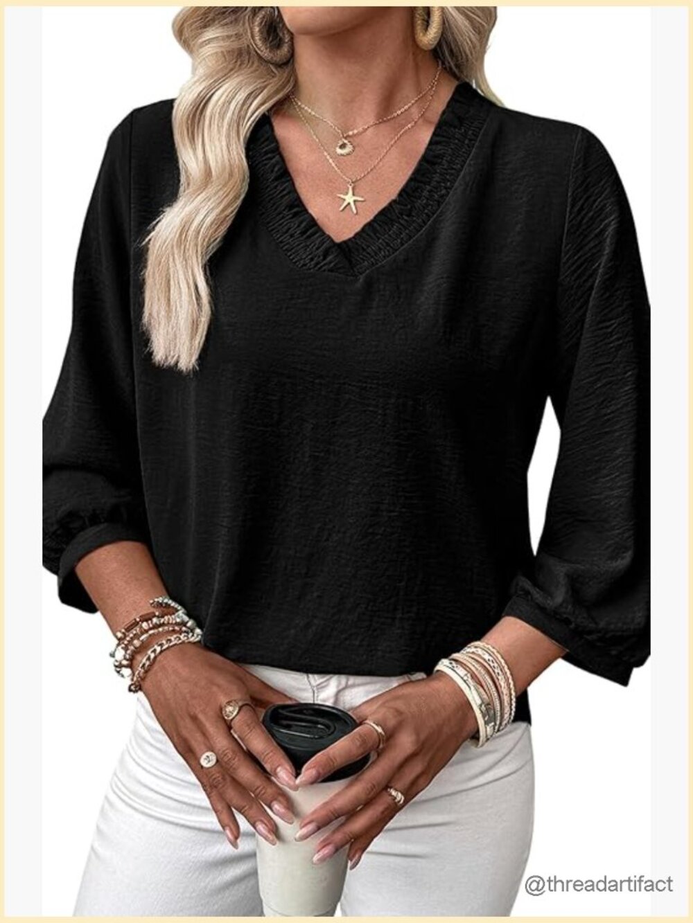 Smocked V-Neck Tunic 3/4 Sleeve Loose Fit Blouse Shirt
